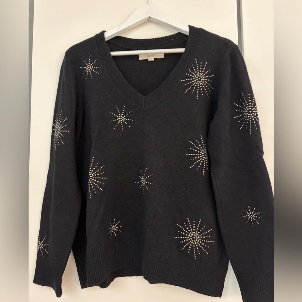 LOFT Black V-Neck Starburst Studded Sweater